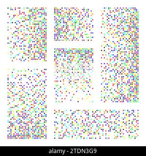 Pixel disintegration, decay effect. Various rectangular elements made of round shapes. Dispersed dotted pattern. Mosaic texture with simple particles Stock Vector