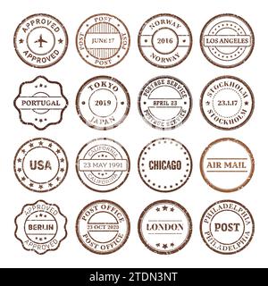 Post stamps, labels and badges. Grunge imprints and postmarks. Brown vintage circle postcard watermarks. Used envelope design elements. Vector Stock Vector