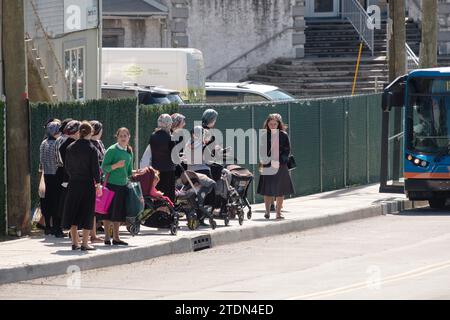 A group of modestly dressed orthodox Jewish women wait for a bus on Forest road in Kiryas Joel, Monroe, New York. Stock Photo