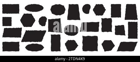 Jagged rectangles collection. Set of black grunge element, shapes with jagged edges. Torn paper pieces for collage, text box, banner, sticker. Vector Stock Vector