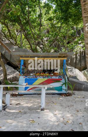 Beach cafe shack on Anse Source d'Argent, La Digue Island, Seychelles. Indian Ocean Stock Photo