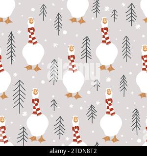 Seamless winter pattern with cute geese and doodle hand drawn pine trees. Merry Christmas vector background Stock Vector