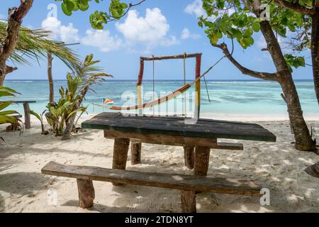 Beach cafe shack on Anse Source d'Argent, La Digue Island, Seychelles. Indian Ocean Stock Photo