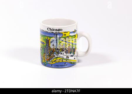 chicago ceramic mug with illustrations isolated on white studio background Stock Photo