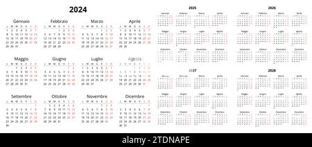 2024, 2025, 2026, 2027, 2028 italian calendars. Printable vector illustration set for Italy. Plan your year with calendar style Stock Vector