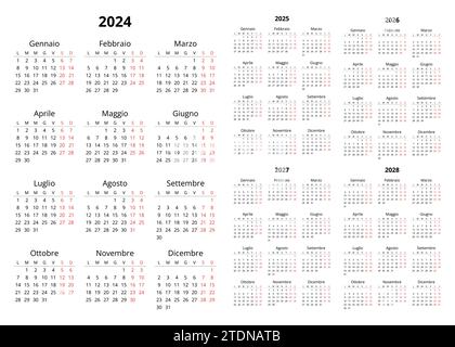 2024, 2025, 2026, 2027, 2028 italian calendars. Printable vector illustration set for Italy. Plan your year with calendar style Stock Vector