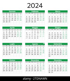 ITALIAN calendar for 2024. Printable, editable vector illustration for Italy. Vertical, in green color. 12 months year calendario Stock Vector