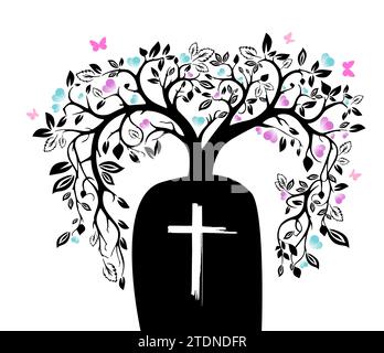 Gravestone with a beautiful flowering tree. hand drawing. Not AI, Vector illustration Stock Vector