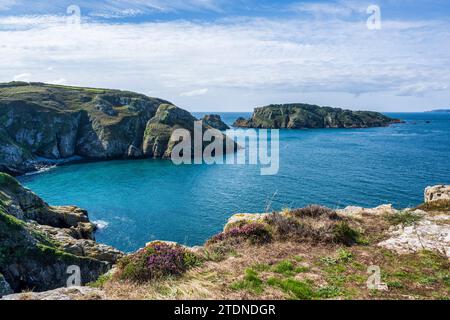 Port a la Jument Bay, with the small island of Brecqhou in the distance, on the west coast of Sark, Bailiwick of Guernsey, Channel Islands Stock Photo