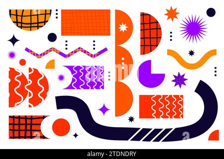 Brutalist posters set with abstract geometric shapes and naive grids. Brutal contemporary figure star oval spiral wave and other primitive elements an Stock Vector