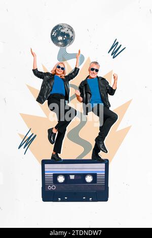 Vertical photo collage of senior elderly couple friends wife husband dancing on big cassette in club music disco ball cool outfit on drawing Stock Photo