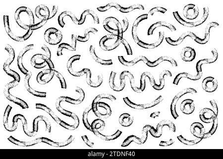 Wavy and swirled brush strokes paint vector set of Hand drawn curved lines with grunge effect. Chaotic ink brush scribbles textured decor. Messy doodl Stock Vector