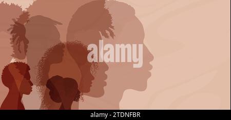 Profile silhouettes people African and African American. Black history month event. Ethnic group men and women with black skin. Racial equality.Banner Stock Vector