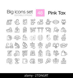 2D editable black big line icons set for pink tax Stock Vector
