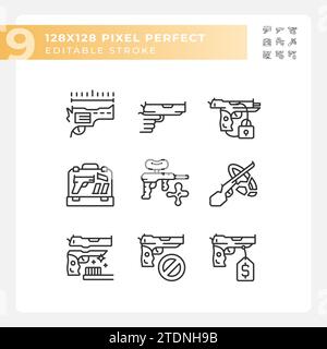 2D customizable pixel perfect black weapons icons Stock Vector