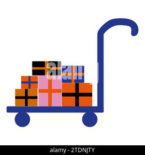 Hand Truck or Trolley Platform with colorful Gift boxes. Vector Flat style Illustration. Delivery concept. Hand drawn equipment, design object in tren Stock Vector