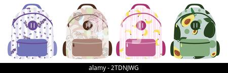 Set of different school backpack and schoolbag. Back to school, Flat or Cartoon style collection of children bags with floral print on pocket. Modern Stock Vector