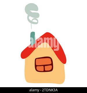 Small Colorful crooked house in Flat style with Smoke from Chimney, Roof and Window. Cartoon Children drawing Vector illustration Isolated white backg Stock Vector