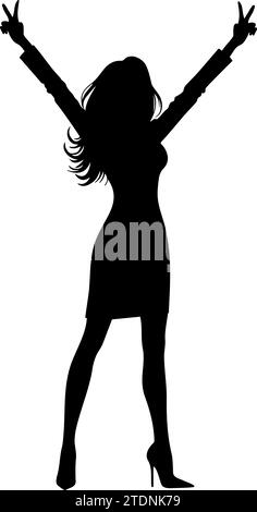 Silhouette of a Woman celebrates with hands raised. Victory gesture. vector illustration Stock Vector