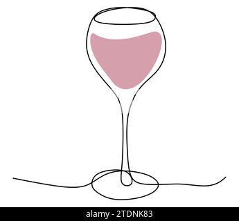 Continuous single line drawing of glass with Red wine. Minimalist line art of wineglass with red spot. Vector outline isolated illustration for restau Stock Vector