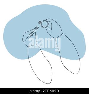 Outline Jeweler hands Holding Ring and tweezers. Jewelry making Vector Silhouette illustration. Line art style icon design with Pink background, Isola Stock Vector