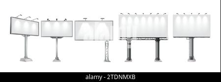 Roadside billboard types realistic vector illustration set. Large advertising banners on poles 3d isolated on white background bundle Stock Vector