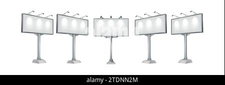 Mockup billboard different perspectives realistic vector illustration set. Street advertising empty equipment 3d isolated on white background Stock Vector