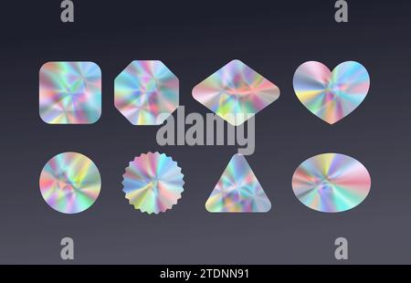 Holographic logo stickers with abstract patterns in rainbow color realistic vector icons pack. Shiny metallic badges on black background. Business lab Stock Vector