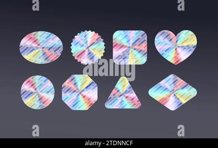 Holographic rainbow logo of original product realistic vector icons pack. Copyright protection signs set on black background. Business items Stock Vector