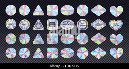 Holographic retro futuristic stickers realistic vector icons set. Illustrations with iridescent foil on transparent background. Original product label Stock Vector
