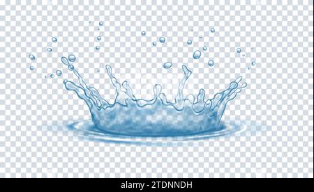 Water splashes in crown shape realistic vector illustration. Clear liquid splashing shape with falling drops 3d element on transparent background Stock Vector