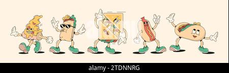 Humanized sandwiches in retro cartoon style vector illustration set. Snack characters vintage animation elements design. Children cafe Stock Vector