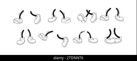 Cute vintage cartoon character legs linear vector icons set on white background. Mascot walking performance graphic constructor elements Stock Vector