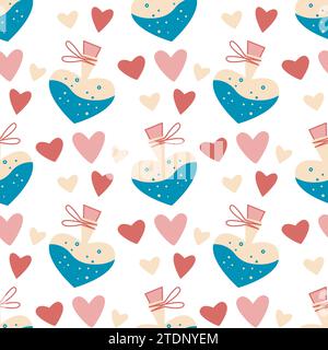 Romantic seamless pattern for Valentines day. Background with love elixir and hearts. Cute cozy holiday print for wrapping paper, background, textil Stock Vector