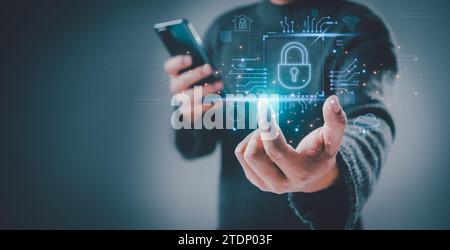 Businessman holding key encryption technology icon, cybersecurity privacy of data protection, security Internet access, security encryption of user pr Stock Photo