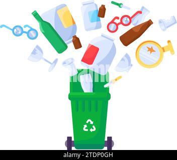 Old unwanted broken glass bottles fall into open trash can. Heap of crockery and broken items. Glass pollution problem. Cartoon isolated vector isolat Stock Vector