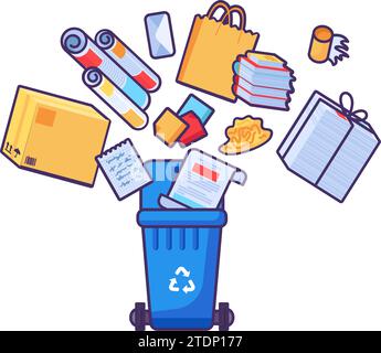 Old unwanted Paper Cardboard Items fall into open trash can. Heap of old books, newspapers, boxes, packages. Paper pollution problem. Stroked cartoon Stock Vector