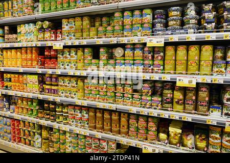 Aisle Canned food in a grocery Stock Photo