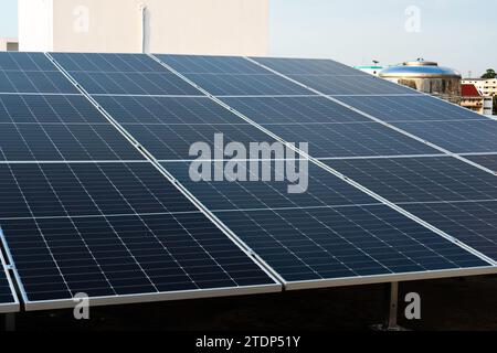 Solar panel, Photovoltaic solar cell eco technology, alternative renewable energy for the future. Concept of sustainable resources in the modern world Stock Photo