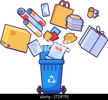 Old unwanted Paper Cardboard Items fall into open trash can. Heap of old books, newspapers, boxes, packages. Paper pollution problem. Stroked cartoon Stock Vector