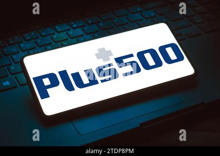Brazil. 18th Dec, 2023. In this photo illustration, the Plus500 logo is displayed on a smartphone screen. (Photo by Rafael Henrique/SOPA Images/Sipa USA) *** Strictly for editorial news purposes only *** Credit: Sipa USA/Alamy Live News Stock Photo
