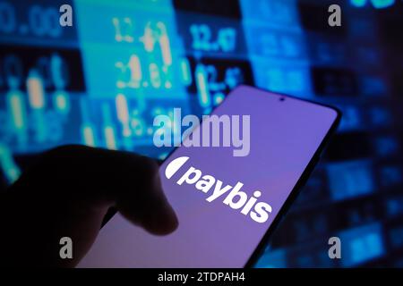Brazil. 18th Dec, 2023. In this photo illustration, the Paybis logo is displayed on a smartphone screen with stock market percentages in the background. (Credit Image: © Rafael Henrique/SOPA Images via ZUMA Press Wire) EDITORIAL USAGE ONLY! Not for Commercial USAGE! Stock Photo