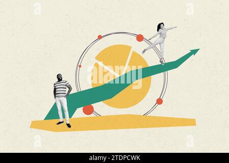 Collage image financial investors banner of young colleagues working in team growth pie chart graphic progress isolated on gray background Stock Photo