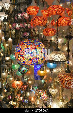 Multi-colored handmade Turkish lanterns for sale at Grand Bazaar in Istanbul Turkey Stock Photo