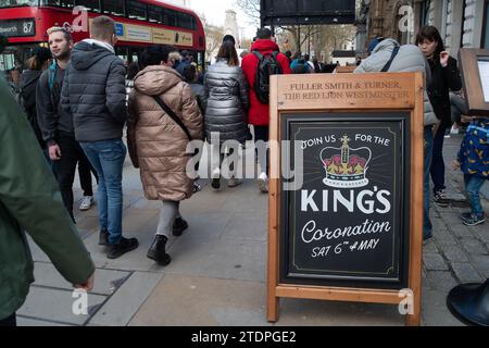 London, UK. 11th April, 2023. A sign for the King's Coronation outside the Red Lion Pub in Westminster. Credit: Maureen McLean/Alamy Stock Photo