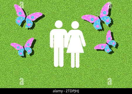 Pictogram of a couple with butterflies in their stomach, graphic with pink and light blue flowers on a green background Stock Photo