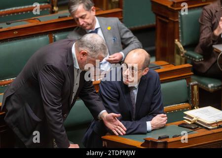 Brussels, Belgium. 19th Dec, 2023. Groen's Dieter Van Besien and Vice-prime minister and Finance Minister Vincent Van Peteghem are pictured at a plenary session of the Chamber at the Federal Parliament in Brussels on Tuesday 19 December 2023. BELGA PHOTO JONAS ROOSENS Credit: Belga News Agency/Alamy Live News Stock Photo