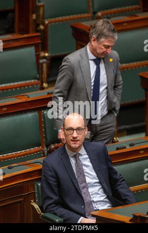 Brussels, Belgium. 19th Dec, 2023. Vice-prime minister and Finance Minister Vincent Van Peteghem and CD&V's Servais Verherstraeten are pictured at a plenary session of the Chamber at the Federal Parliament in Brussels on Tuesday 19 December 2023. BELGA PHOTO JONAS ROOSENS Credit: Belga News Agency/Alamy Live News Stock Photo