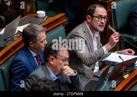 Brussels, Belgium. 19th Dec, 2023. Open Vld's Vincent Van Quickenborne gestures during a plenary session of the Chamber at the Federal Parliament in Brussels on Tuesday 19 December 2023. BELGA PHOTO JONAS ROOSENS Credit: Belga News Agency/Alamy Live News Stock Photo