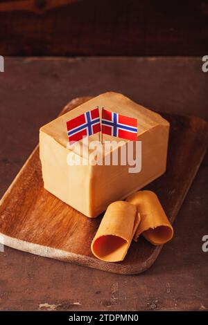 Norwegian brunost traditional brown cheese Stock Photo